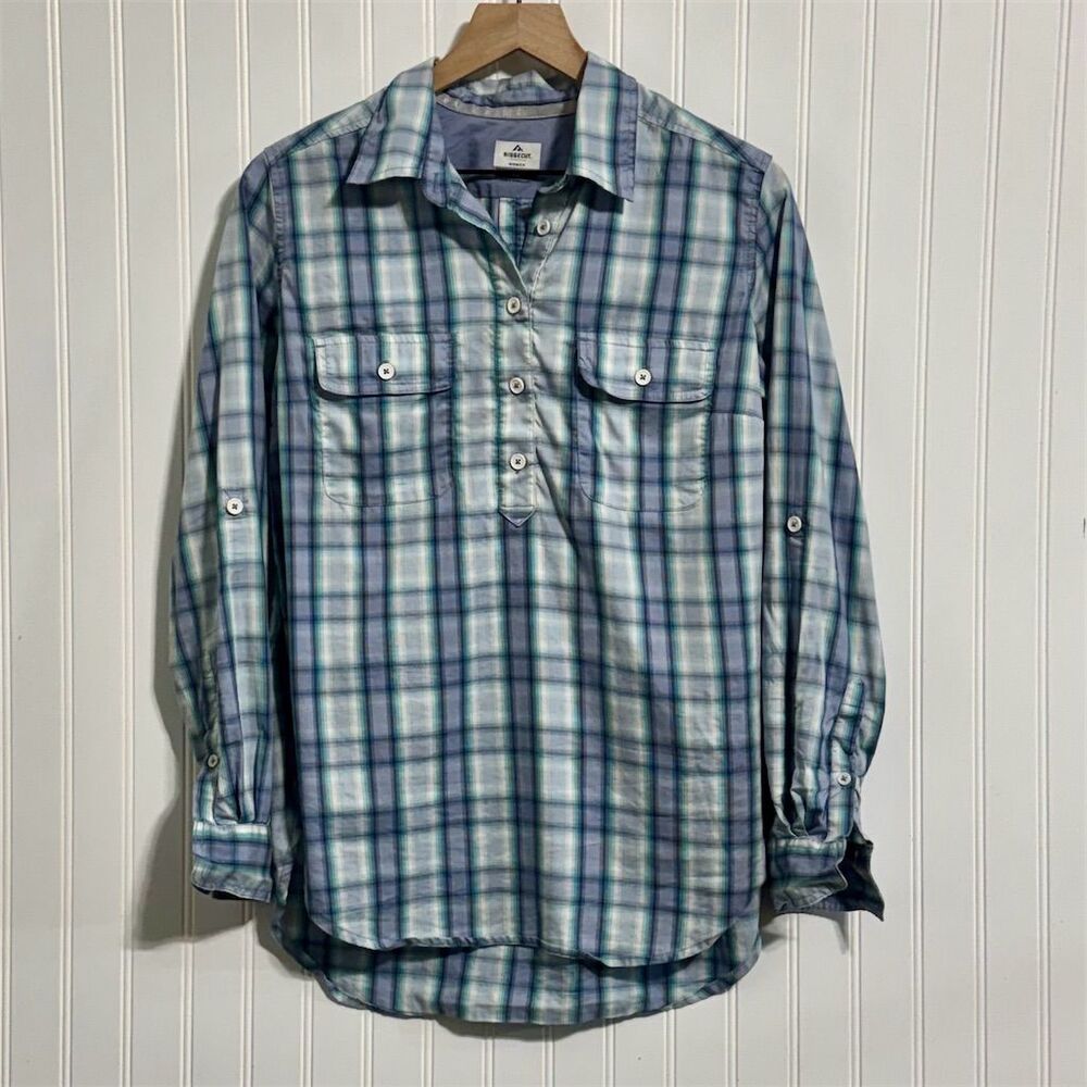 Ridgecut Toughwear Work Shirt‎ Women M Blue Plaid Flex Popover Gardening Hiking
